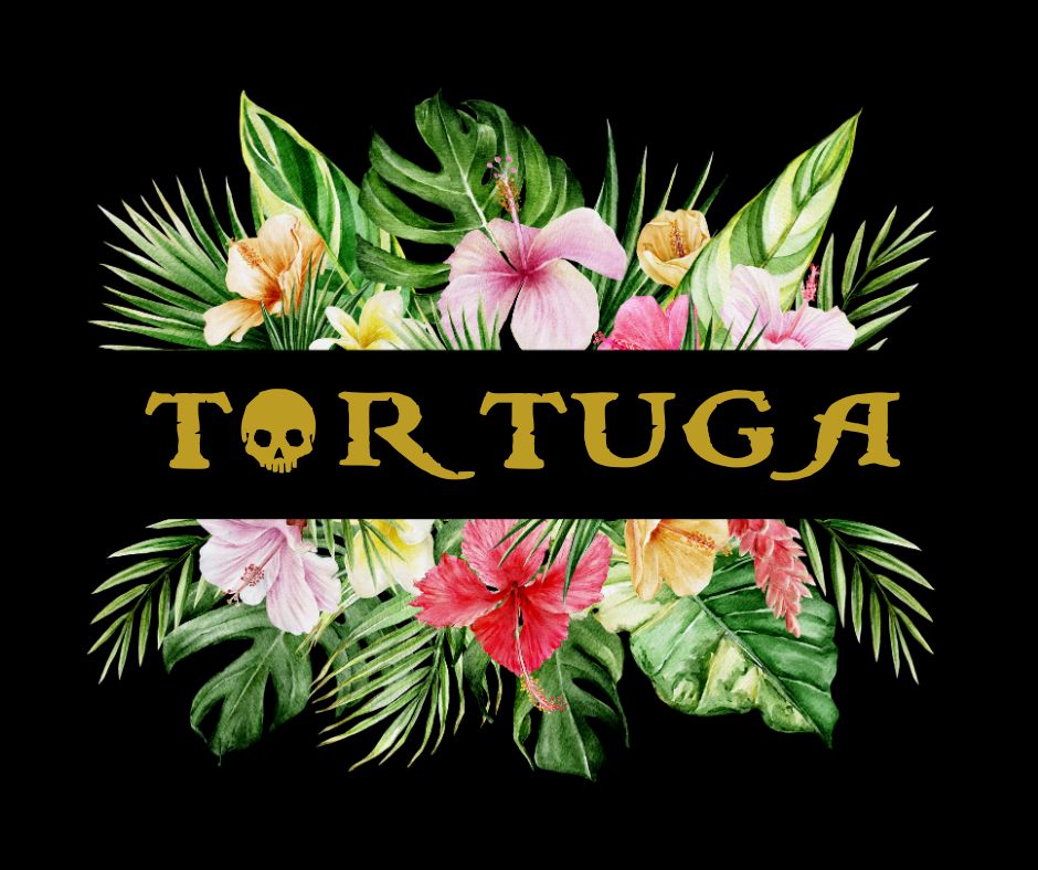 Logo design for 'TORTUGA' featuring a skull and surrounded by tropical flowers and lush green leaves on a black background.